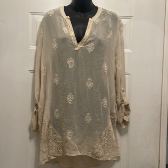 Chico's Tops - Chico’s Sheer Ecru Embellished Blouse tunic top Size 3 cream see-through